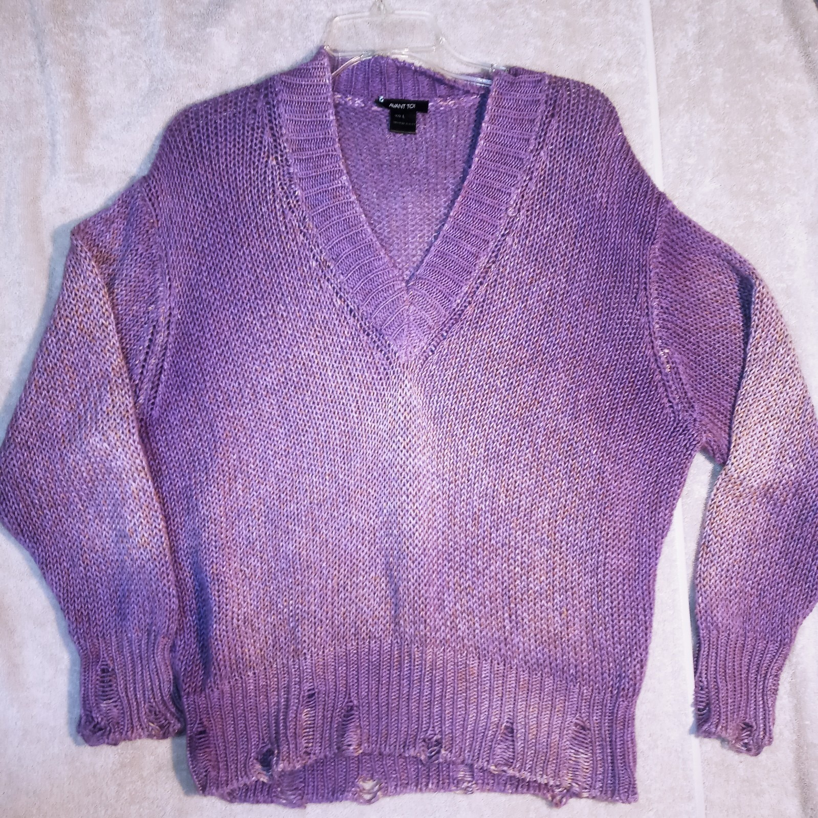 Avant Toi Large Purple Knit Gradient Distressed V-Neck Pullover Sweater Italy